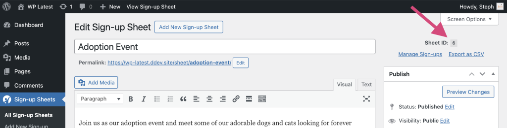 Screenshot of sheet edit page with an arrow pointing to the Sheet ID in the upper right corner of the page near the "Publish" sidebar section.