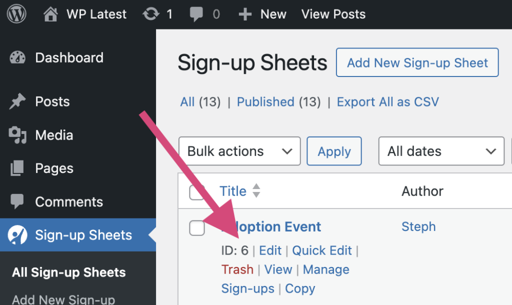 Screenshot of the sheet listing admin screen with an arrow pointing to the controls that appear when you hover/focus on a single sheet with the ID available before the controls.